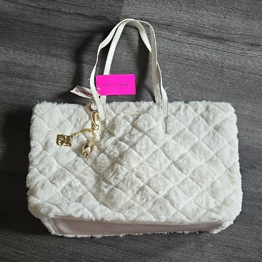 Betsey Johnson White Quilted Plush Tote with Gold Charm
